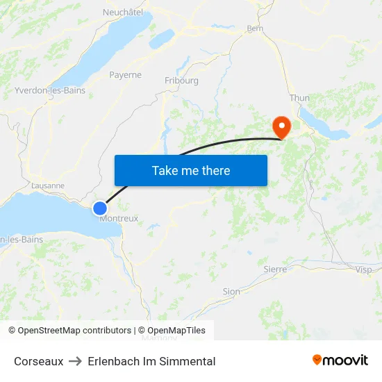 Corseaux to Erlenbach Im Simmental map