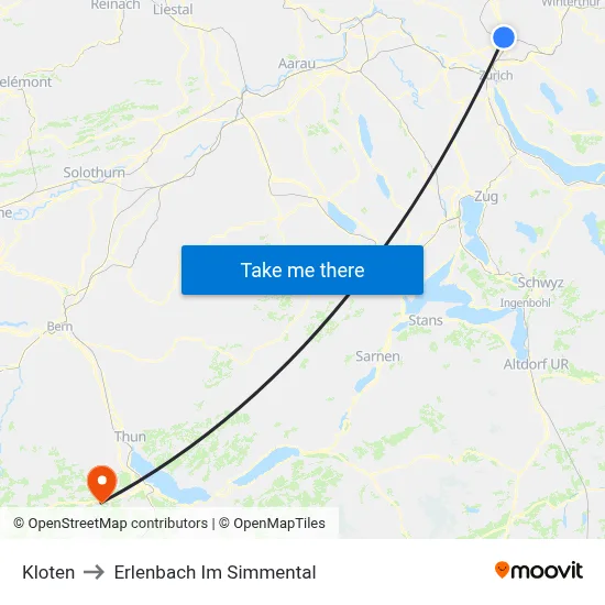 Kloten to Erlenbach Im Simmental map
