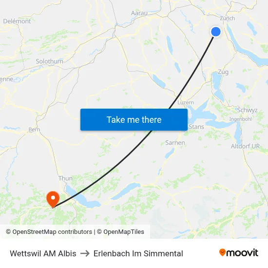 Wettswil AM Albis to Erlenbach Im Simmental map