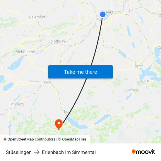 Stüsslingen to Erlenbach Im Simmental map