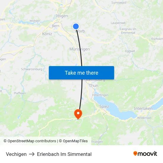 Vechigen to Erlenbach Im Simmental map