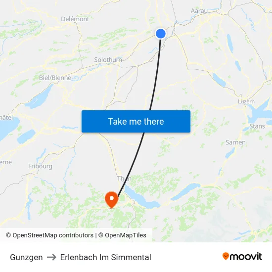 Gunzgen to Erlenbach Im Simmental map