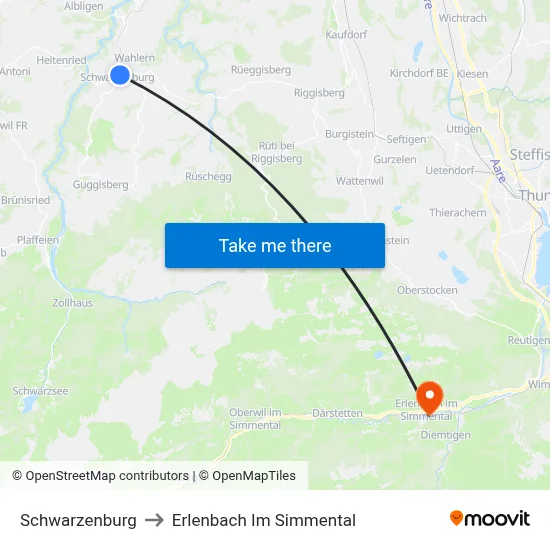 Schwarzenburg to Erlenbach Im Simmental map