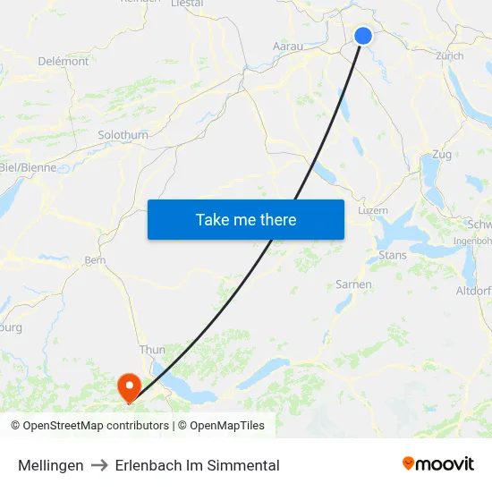 Mellingen to Erlenbach Im Simmental map