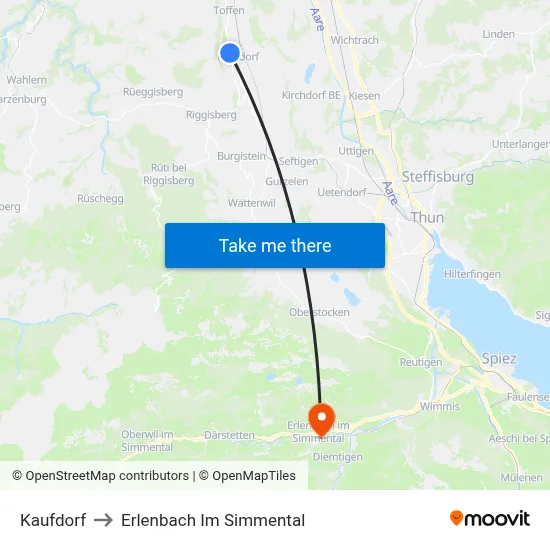 Kaufdorf to Erlenbach Im Simmental map