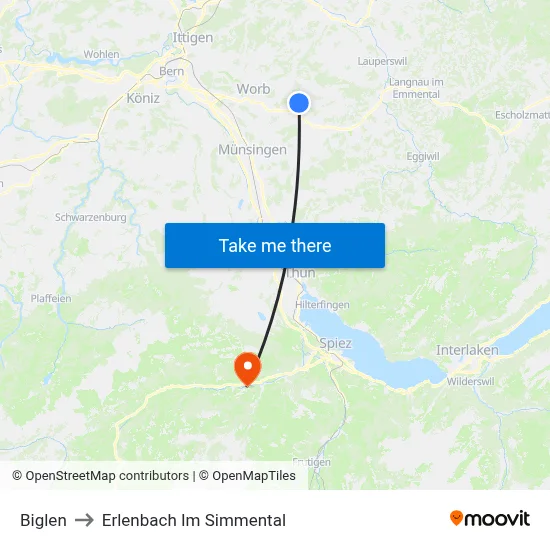 Biglen to Erlenbach Im Simmental map