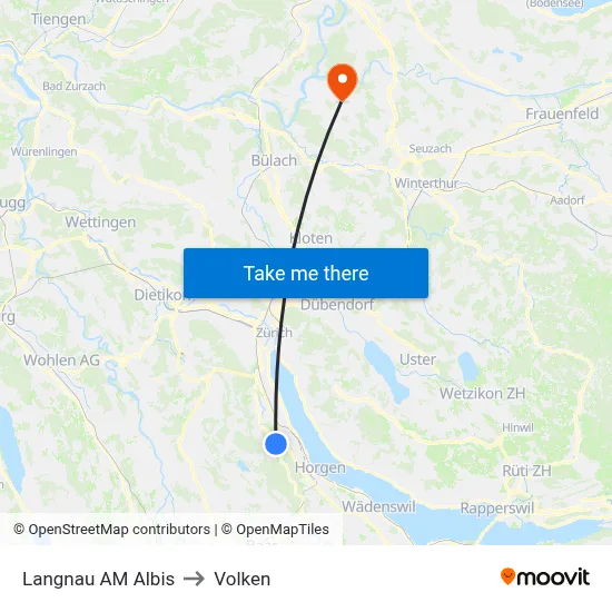 Langnau AM Albis to Volken map