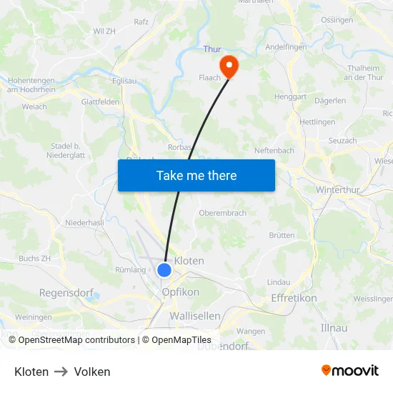 Kloten to Volken map