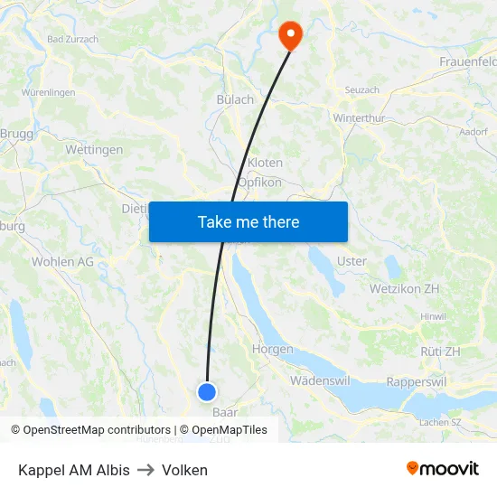 Kappel AM Albis to Volken map