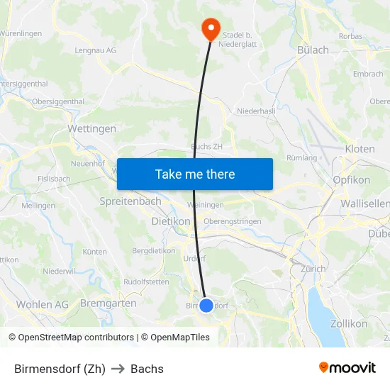 Birmensdorf (Zh) to Bachs map