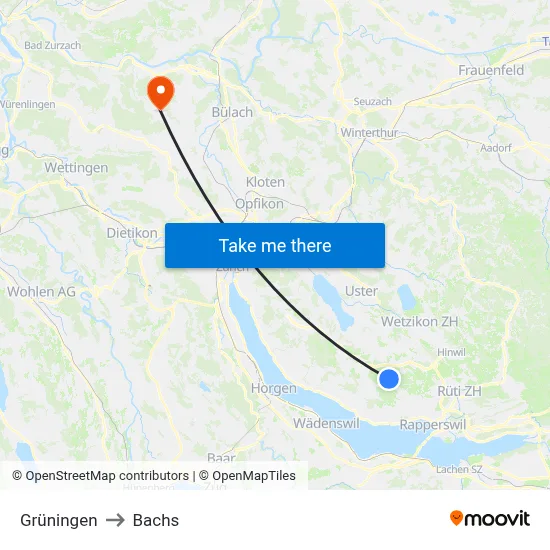 Grüningen to Bachs map