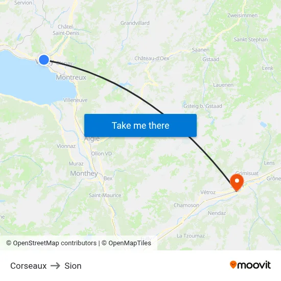 Corseaux to Sion map