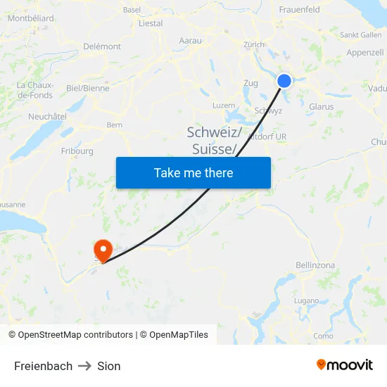 Freienbach to Sion map