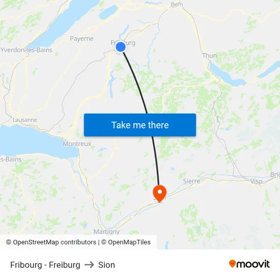 Fribourg - Freiburg to Sion map