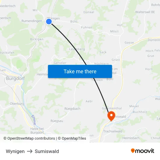 Wynigen to Sumiswald map
