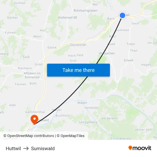 Huttwil to Sumiswald map