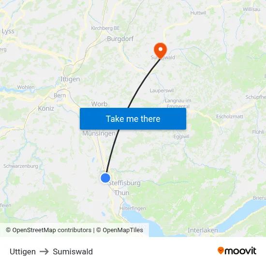 Uttigen to Sumiswald map