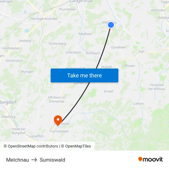 Melchnau to Sumiswald map