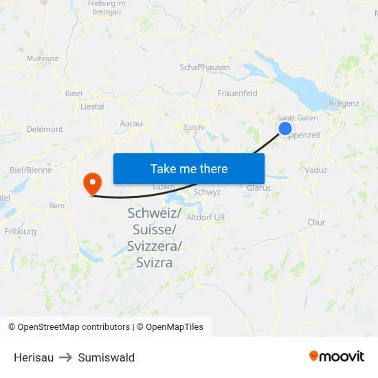 Herisau to Sumiswald map