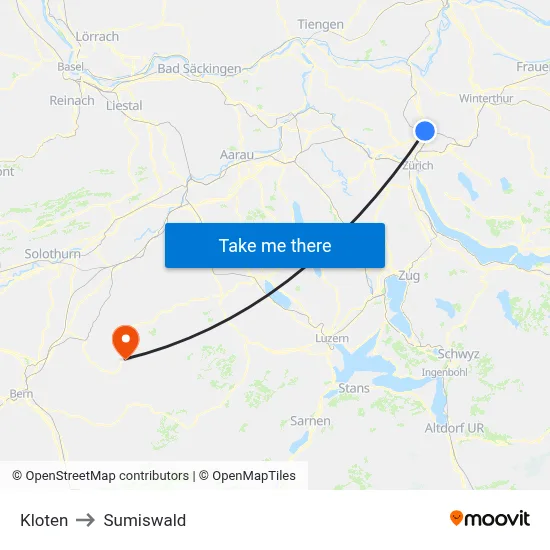 Kloten to Sumiswald map