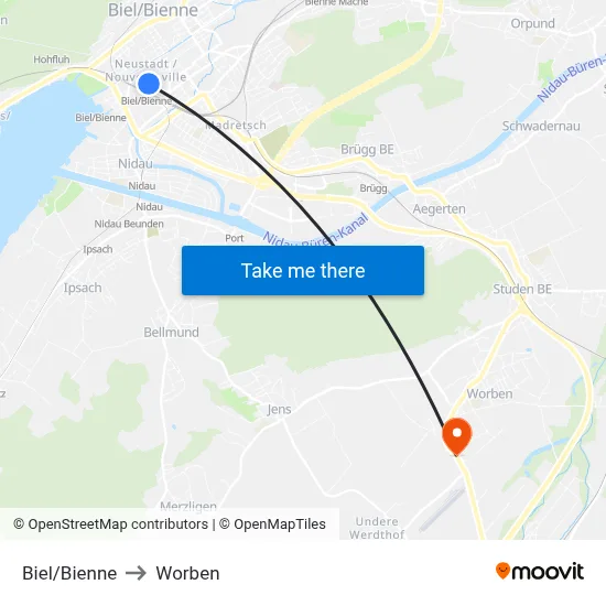 Biel/Bienne to Worben map