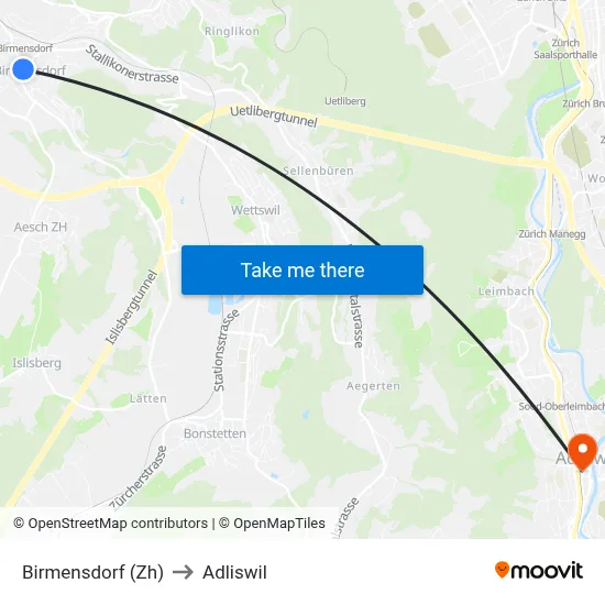 Birmensdorf (Zh) to Adliswil map
