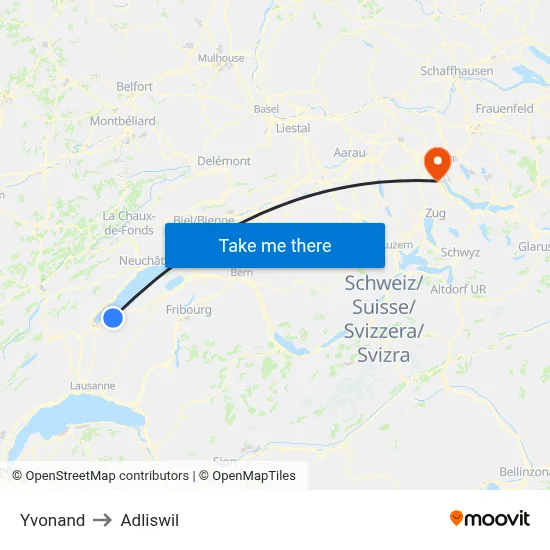 Yvonand to Adliswil map