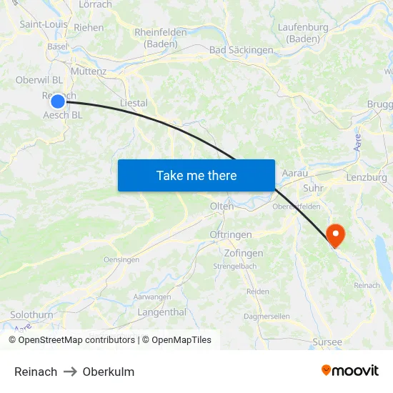 Reinach to Oberkulm map