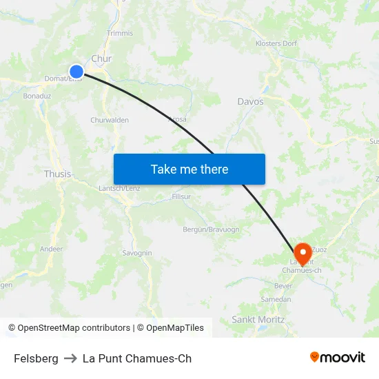 Felsberg to La Punt Chamues-Ch map