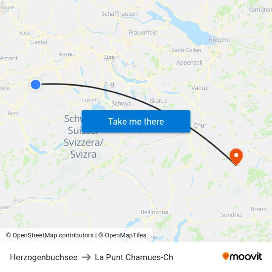 Herzogenbuchsee to La Punt Chamues-Ch map