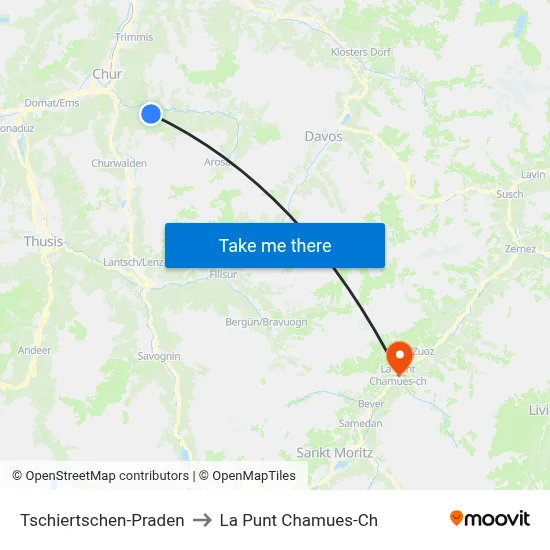 Tschiertschen-Praden to La Punt Chamues-Ch map