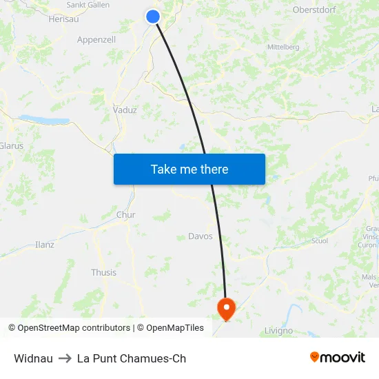Widnau to La Punt Chamues-Ch map