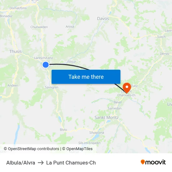 Albula/Alvra to La Punt Chamues-Ch map