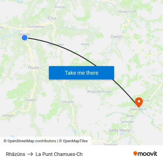 Rhäzüns to La Punt Chamues-Ch map
