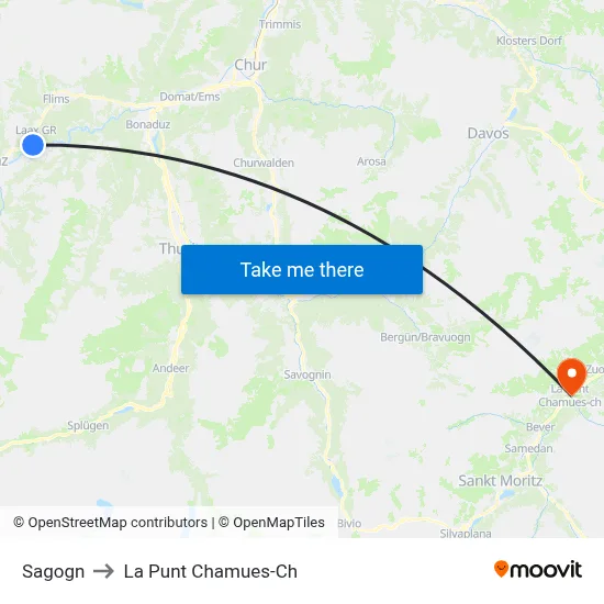 Sagogn to La Punt Chamues-Ch map