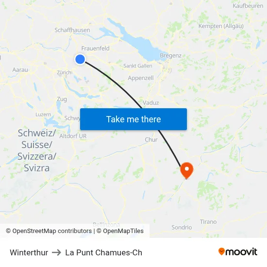 Winterthur to La Punt Chamues-Ch map