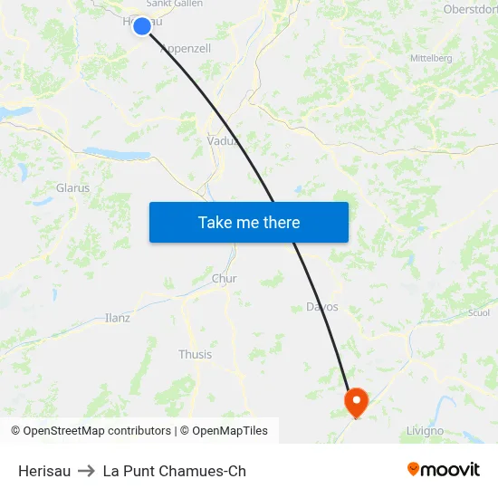 Herisau to La Punt Chamues-Ch map