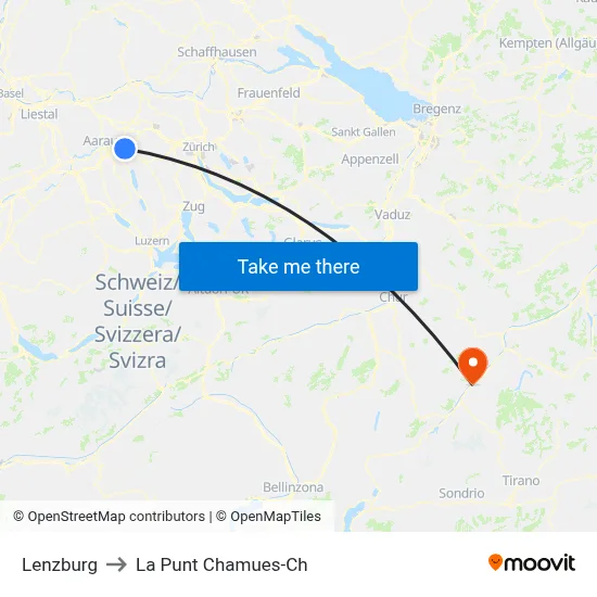 Lenzburg to La Punt Chamues-Ch map