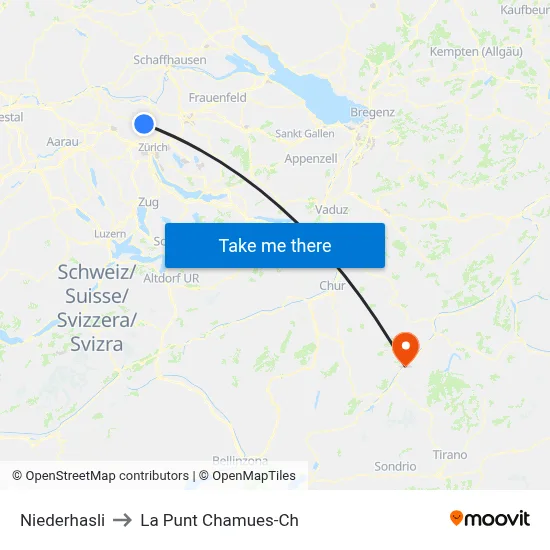 Niederhasli to La Punt Chamues-Ch map