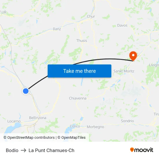 Bodio to La Punt Chamues-Ch map
