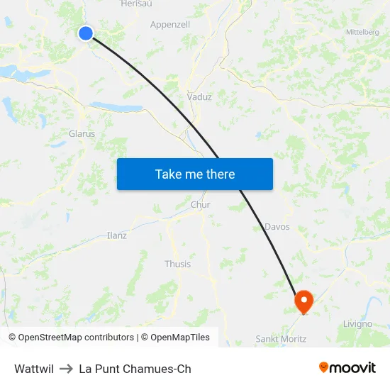 Wattwil to La Punt Chamues-Ch map