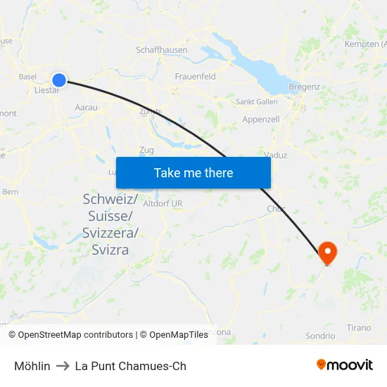 Möhlin to La Punt Chamues-Ch map