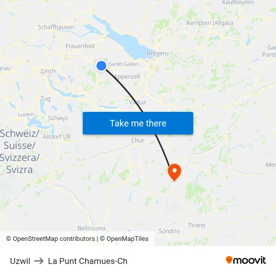 Uzwil to La Punt Chamues-Ch map