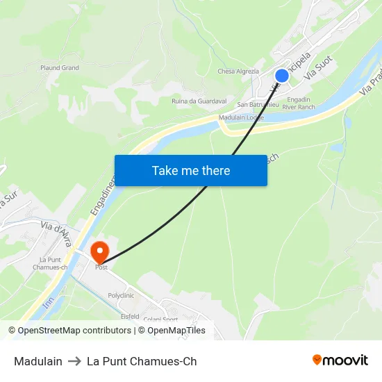 Madulain to La Punt Chamues-Ch map