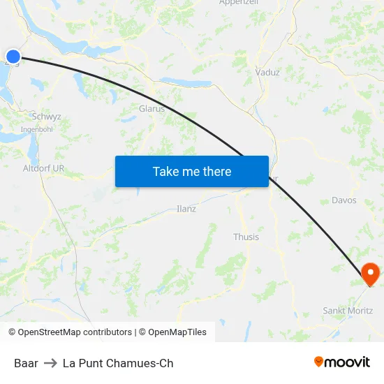Baar to La Punt Chamues-Ch map