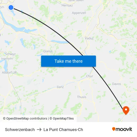 Schwerzenbach to La Punt Chamues-Ch map