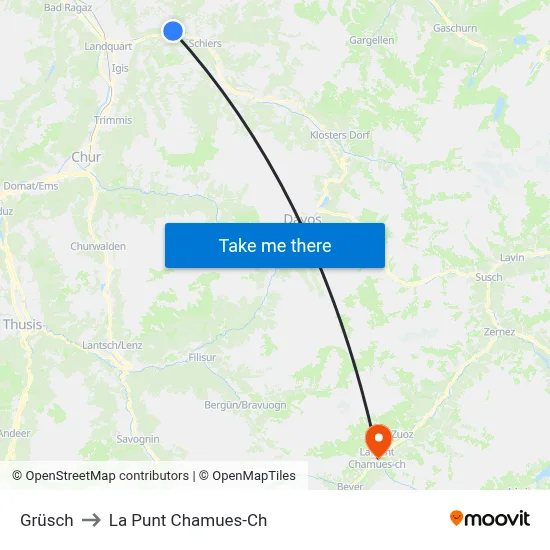 Grüsch to La Punt Chamues-Ch map