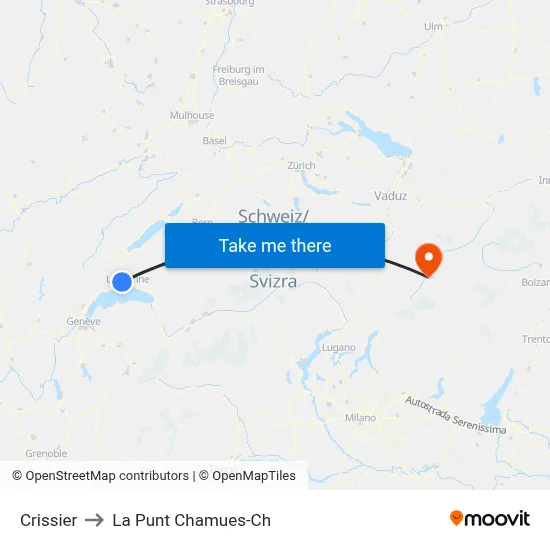 Crissier to La Punt Chamues-Ch map