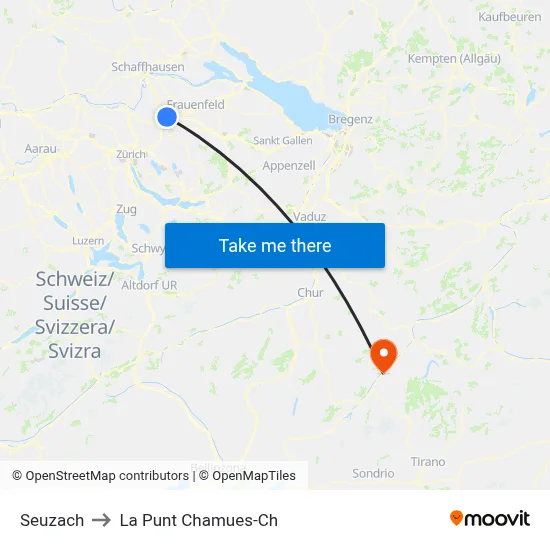 Seuzach to La Punt Chamues-Ch map