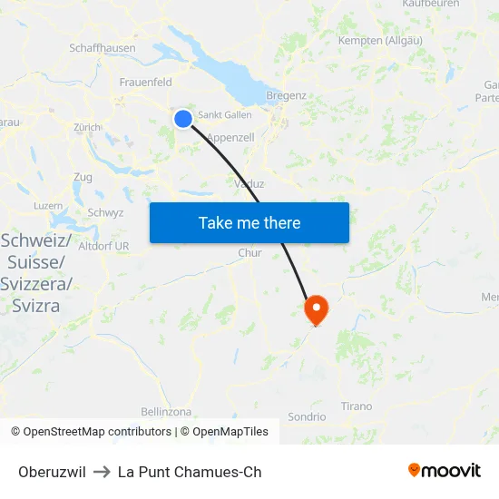 Oberuzwil to La Punt Chamues-Ch map